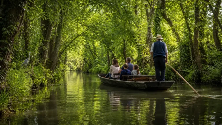 Promenade en barque sur une conche du Marais sauvage à Saint-Hilaire-la-Palud, avec un héron sur la berge